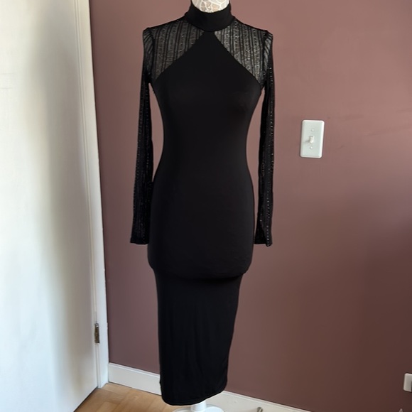 Mock Neck Contrast Mesh Sheer Split Back
Bodycon Dress - Black Shimmer Glitter - Picture 1 of 11